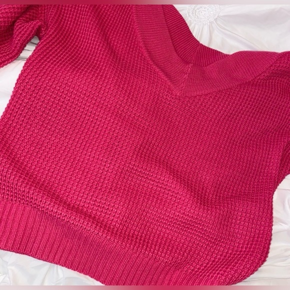 Women’s Oversized Hot Pink V-Neck Off The Shoulder Waffle Knit Sweater XL - Picture 5 of 9